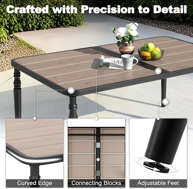 NUU GARDEN 7-Piece All-Weather Outdoor Dining Set with Umbrella Hole, Wood-Grain Table & 6 Patio Textilene Swivel Chairs Patio Outdoor Furniture for Porch, Backyard, Garden, Poolside and Deck
