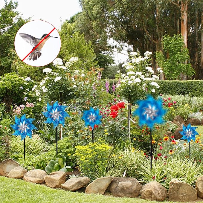 Hausse 10 Pack Reflective Pinwheels with Stakes (Assembly Required), Extra Sparkly Pin Wheel for Garden Decor, Bird Repellent Devices Deterrent to Scare Birds Away from Yard Patio Farm, Blue