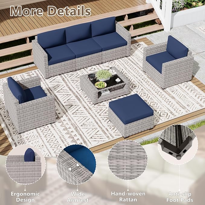 LOUVIXA 7 Piece Outdoor Patio Furniture Set, Rattan Chairs Glass Table Wicker Conversation Seating Sectional Sofa with Cushions (Grey White-Navy, 7Pcs-2 Layer Coffee Table)