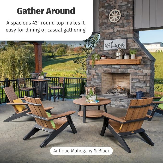 LuxCraft Deluxe Poly Round Outdoor Coffee Table, Two Tier Coffee Table, Round Conversation Tables for Outside Patio with Lower Shelf - Amish Made in USA (Weatherwood)