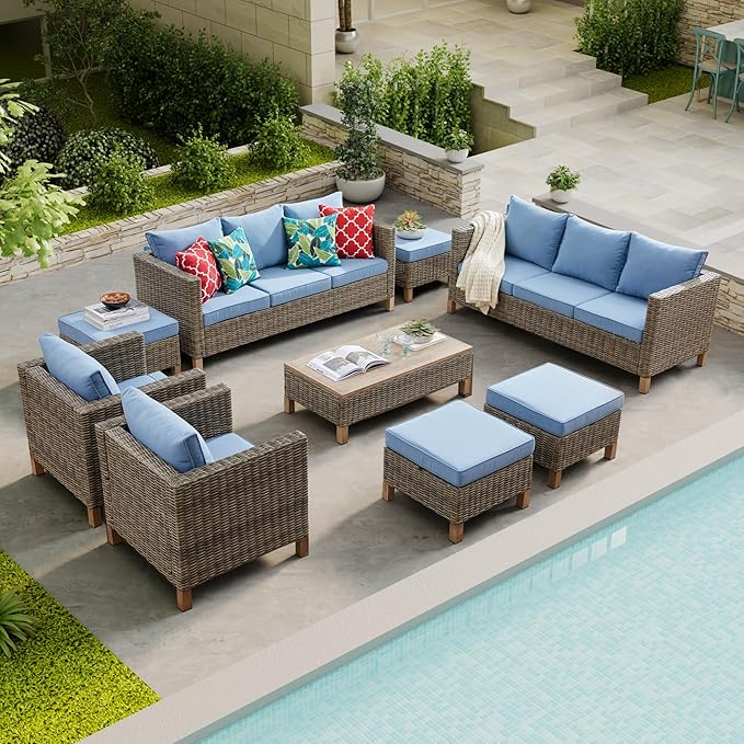 9 Pieces Outdoor Patio Furniture Sets, Wicker All Weather Sectional Sofa with Metal Top Coffee Table, Rattan Conversation Set Outdoor Patio Couch Furniture for Backyard, Garden, Porch, Poolside, Blue