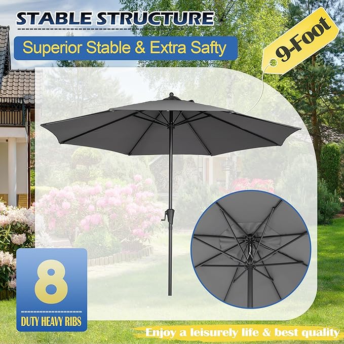 Sunnyglade 9FT Outdoor Patio Umbrella, Market Table Umbrella with 8 Sturdy Ribs and Crank System, Fade-resistant & Waterproof for Garden Backyard Poolside Deck