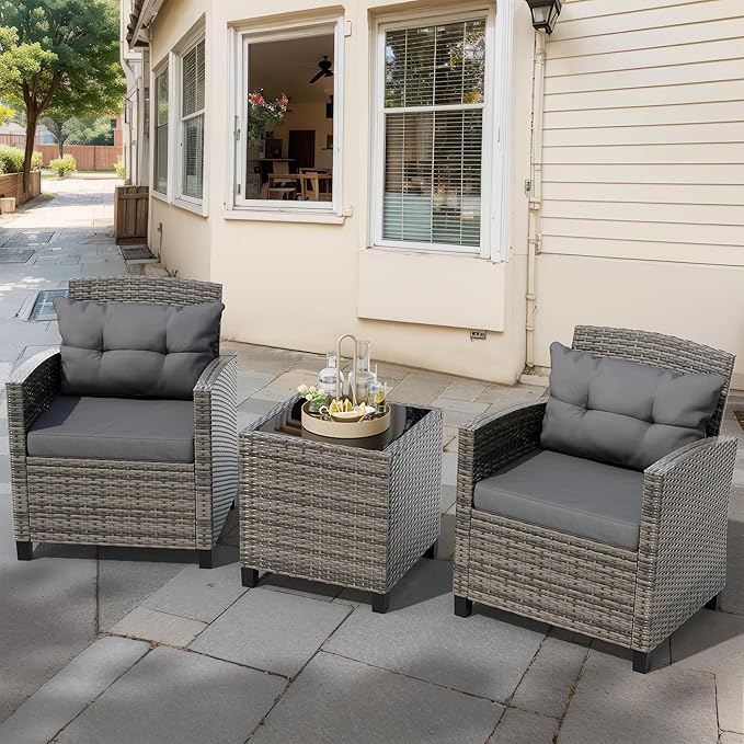 JAMFLY 3 Piece Wicker Patio Furniture Set - Space Saving Outdoor Rattan Conversation Set with Soft Cushions & Glass Coffee Table for Balcony, Porch, Small Backyard - All Weather Grey Bistro Set