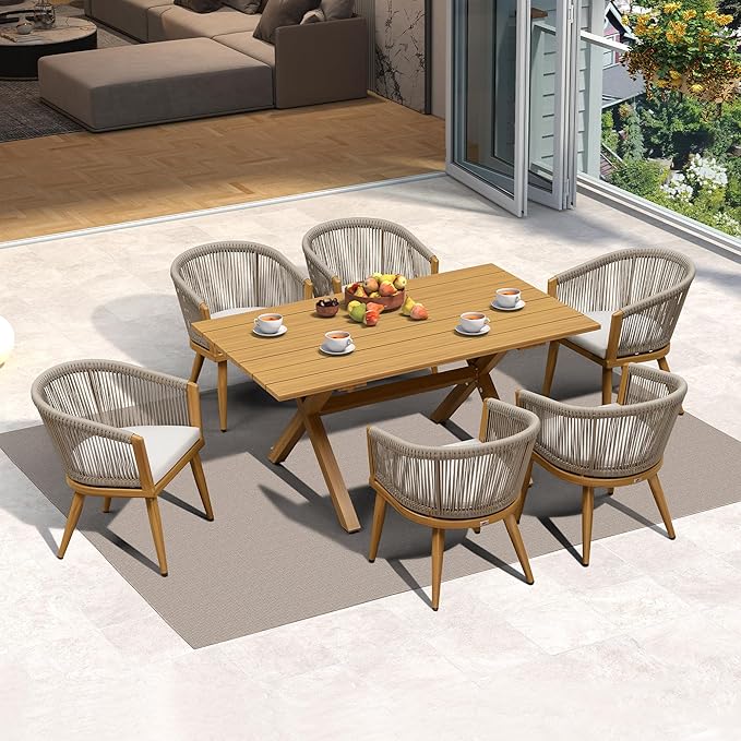 PURPLE LEAF Outdoor Dining Set with Waterproof Furniture Cover 7-Piece All-Weather Patio Set for 6 with Woodgrain Aluminum Table Rope Weave Chairs and Cushions, Teak