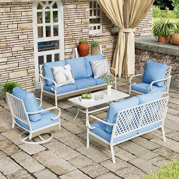5 Piece Metal Patio Furniture Set, 7-Seat All Weather Outdoor Conversation Set with 3-Seat Sofa & 2 Swivel Chairs & Love Seat, Outdoor Sofa Set for Backyard, Deck, Garden, White/Blue