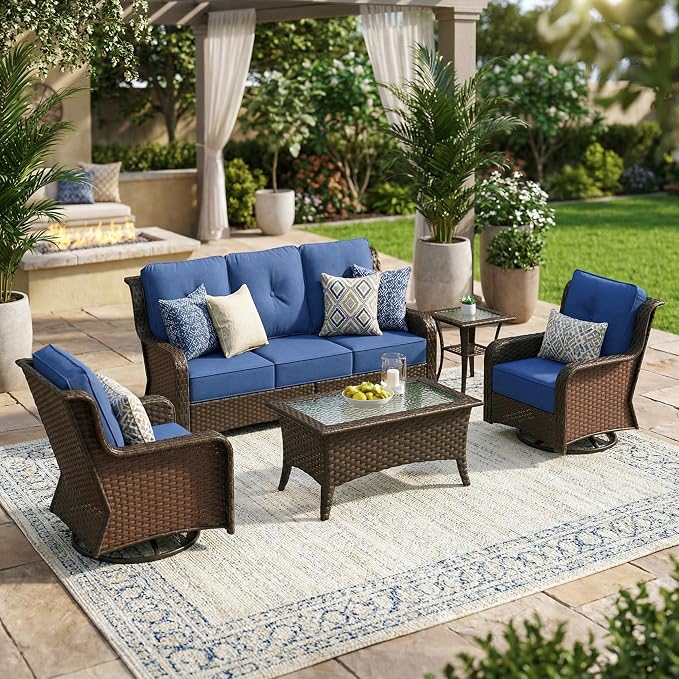 Sundale Outdoor 5 Piece Wicker Patio Furniture Set, High Back Outdoor Couch with Swivel Chairs & Coffee Table, 6" Thick Cushion Patio Conversation Sets with Deep Seating for Yard, Deck (Blue)