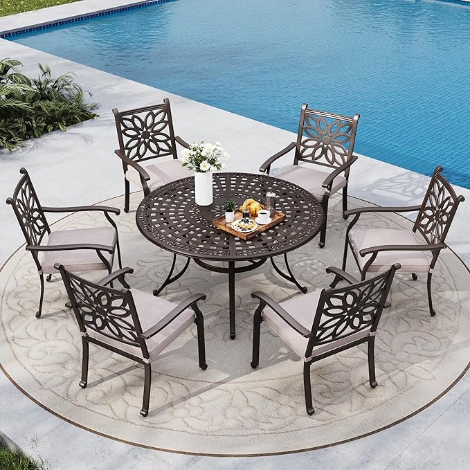 MFSTUDIO Round Outdoor Table and Chairs for 6, 7 Pieces Aluminum Outdoor Dining Sets for 6, Patio 54’’ Table and Chairs with Thick Cushions, Cast Aluminum Patio Dining Table Furniture Set