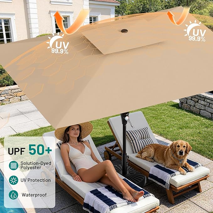 AreShark 8'x10' 2 Tiers Rectangular Patio Umbrella - Outdoor Umbrella Waterproof UV Protection, Market Table Umbrella w/Crank for Pool, Backyard, Deck(Beige)