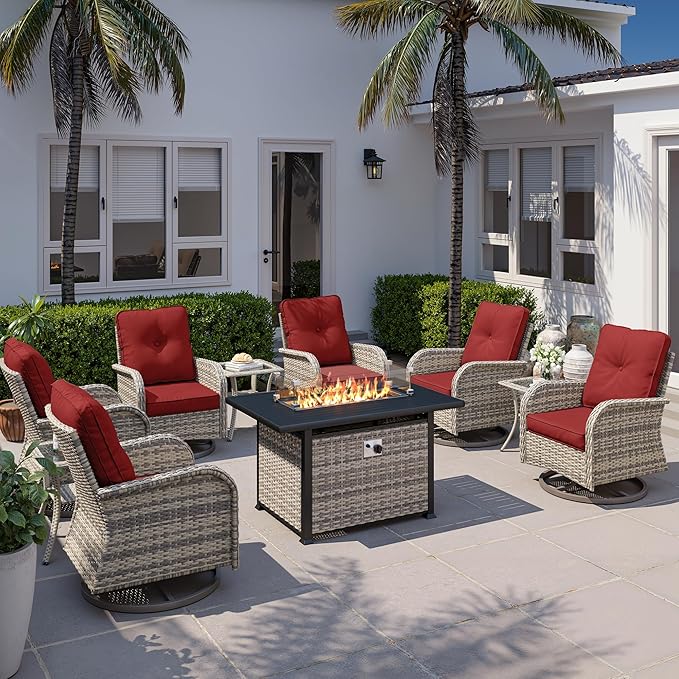 10Pcs Patio Rocking Swivel Chair with 55,000 BTU Fire Pit Table Outdoor Wicker Rattan Bistro Set with Tempered Glass Side Table, Outdoor Patio Furniture Set for Garden and Balcony, Red