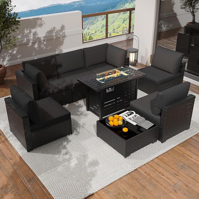 KIGOTY Patio Furniture Set with Fire Pit Table, 8 Pieces Outdoor Furniture Set with 43in Gas Fire Pit and Coffee Table, PE Rattan Patio Conversation Sofa Sets, Patio Sectional Sofa（Black/Black）