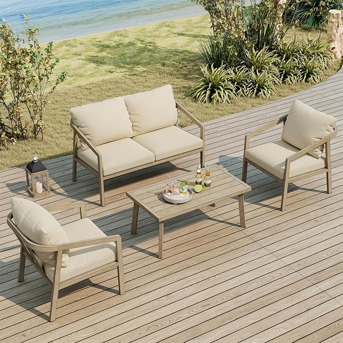 4-Piece Outdoor Sofa Set, Never-Rust Aluminum Patio Conversation Set with Thick Cushions, Outdoor Loveseat, 2 Patio Armchairs and Coffee Table for Outside, Poolside, Deck, Gray Oak