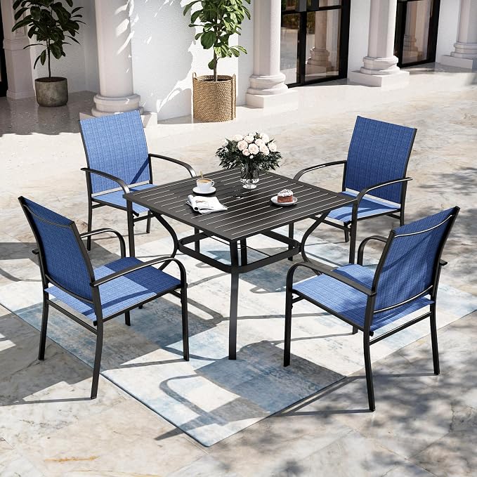 SUNSHINE VALLEY Patio Dining Set for 4, 37”Square Table with Umbrella Hole, 4 Metal Blue Chairs, Outdoor Table and Chairs for Lawn Backyard and Deck