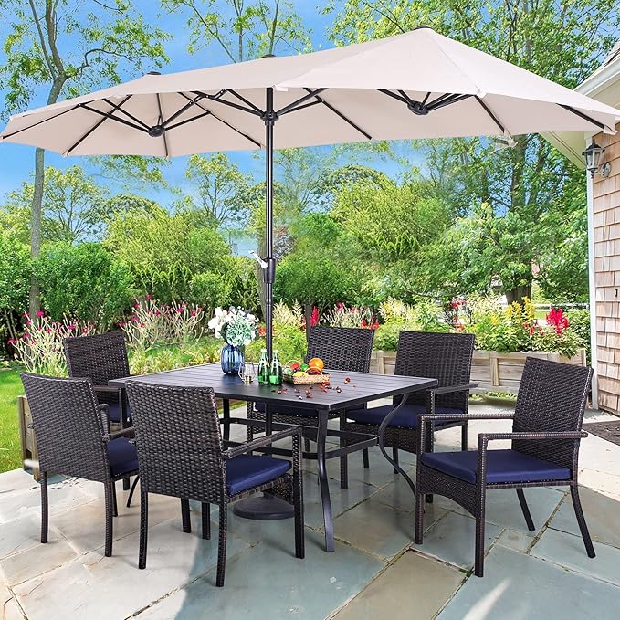 PHI VILLA 7pc Patio Dining Set with Beige Umbrella, 6 Rattan Chairs | PE Rattan Chairs with Cushion, 13ft Large Beige Umbrella, Powder-coated, for Deck, Yard, Porch