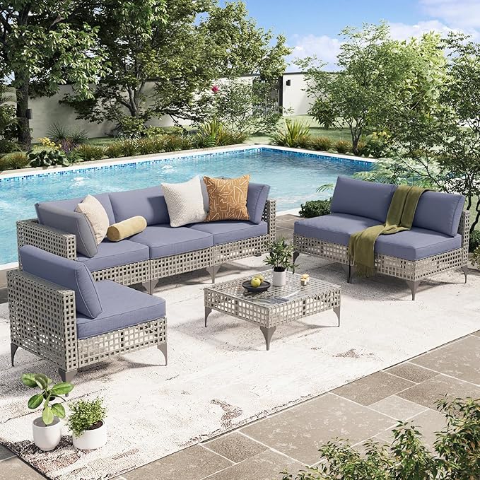 AECOJOY 7-Piece Patio Outdoor Furniture Set with Tea Table, Boho Outdoor Sectional Furniture Sofa PE Rattan Wicker Conversation Set, Grey Rattan&Blue Cushions