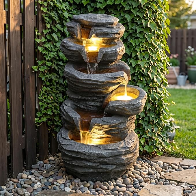 Stacked Rock Outdoor Waterfall Fountain with Warm LED Lights, 25.6" Cascading Water Feature, Weather-Resistant Resin Garden Decor, Self-Contained Pump, No Plumbing Required for Patio Yard Porch