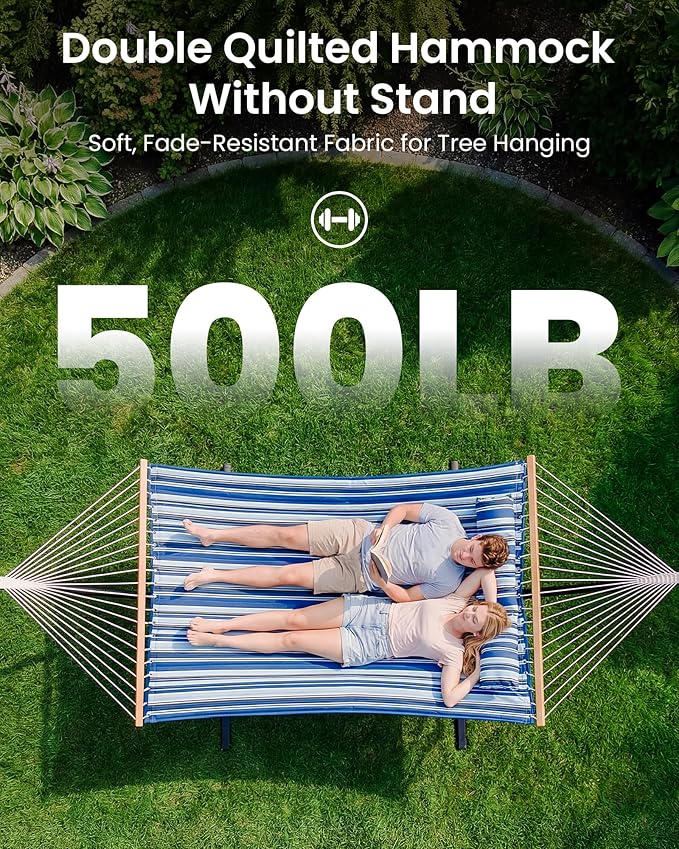 Double Hammock with Spreader Bar & Pillow, 2-Person Portable Hammock, 500lbs Capacity for Outdoor Camping, Patio, Backyard, Garden, Beach & Travel Relaxation – Blue