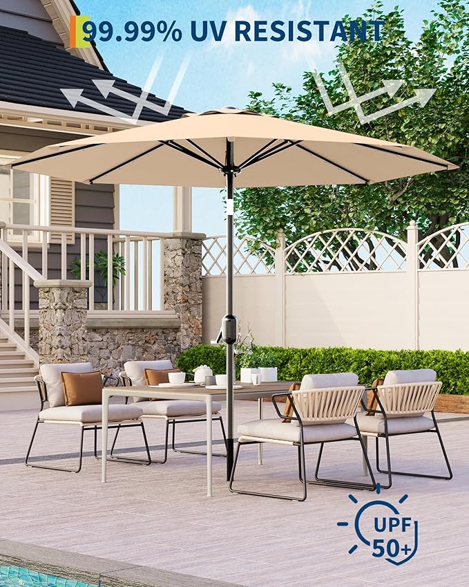 GarveeLife 9 ft Patio Umbrella with Solar Lights, Outdoor Table Umbrella with 32 LED Lights & Tilt Crank, 8 Ribs Market Table Umbrella for Pool, Deck, Backyard, Tan