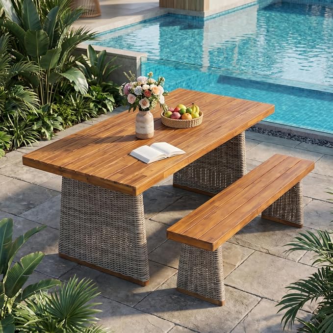 Christopher Knight Home Xavi Patio Acacia Wood Dining Set, Outdoor Side Table and Chairs Set with Slatted Panel Design and Handwoven Rattan Legs, Outdoor Furniture Set for Garden, 2 pcs, Brown + Teak