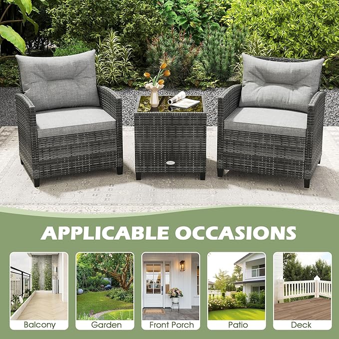 ORALNER Patio Furniture Set, 3 Pieces Outdoor Wicker Conversation Set, Rattan Chairs with Soft Cushions, Glass Coffee Table, Patio Bistro Set for Balcony Garden Deck Front Porch Poolside (Gray)