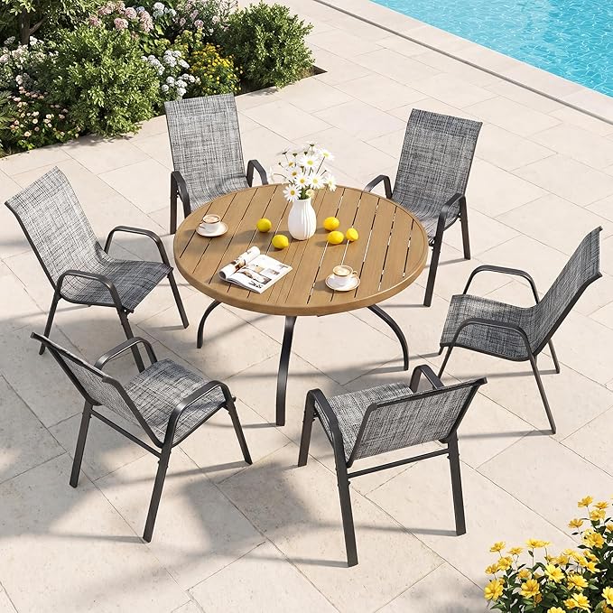 47” Round Outdoor Dining Table for 6,Metal Patio Dining Table with Adjustable Umbrella Hole,All-Weather Brown Outdoor Patio Table for Porch, Garden, Backyard, Poolside, Lawn