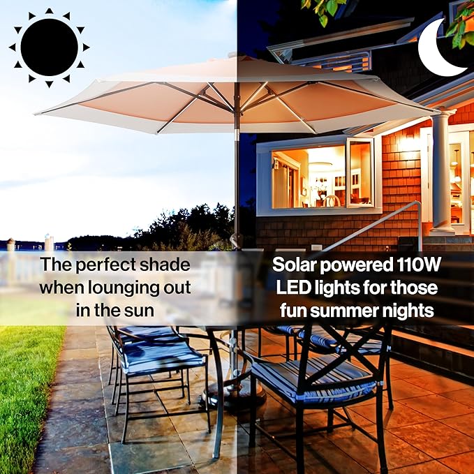 JONATHAN Y Spencer 9 ft. Solar Powered LED Patio Umbrella with Crank and Tilt, Hexagon Outdoor Market Sunshade for Garden, Deck and Pool, Coral Pink/White, Dark Brown Pole UMB1100D
