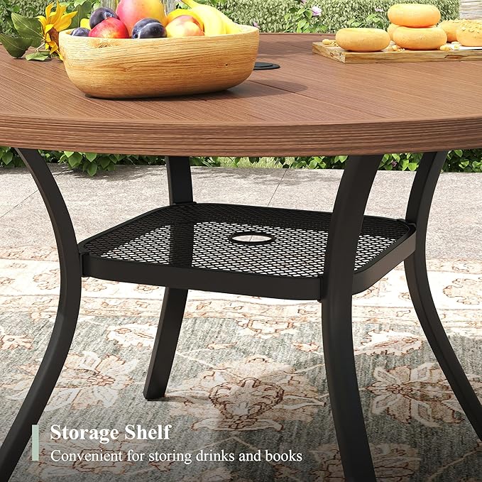 Outdoor Dining Set for 4, 40.6" Outdoor Dining Table with Umbrella Hole and Padded Textilene Patio Swivel Chairs, 5 Pieces Patio Table and Chairs Set for Garden Backyard, Mixed Brown and Walnut