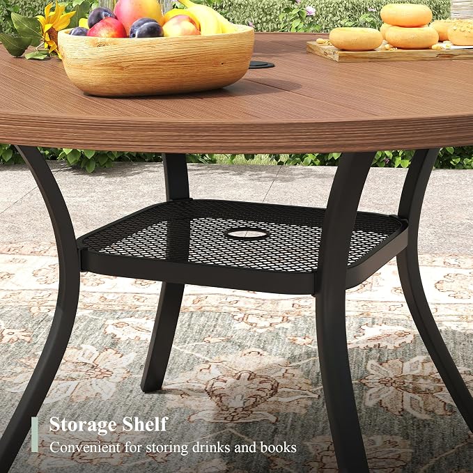Outdoor Dining Set for 4, 40.6" Metal Round Outdoor Dining Table with Umbrella Hole and Sling Patio Swivel Chairs, 5 Pieces Patio Table and Chairs Set for Garden, Mixed Brown and Walnut