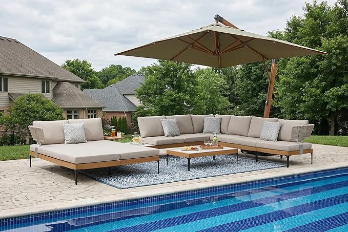 PURPLE LEAF 7 Pieces Patio Furniture Set with Daybed Tables Outdoor Wicker Sectional Conversation Sets Modern Aluminum L Shaped Sofa for Balcony Yard Garden Poolside, Cushions and Pillows Included