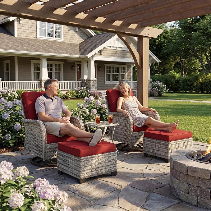 Outdoor Patio Furniture Set Patio Rocking Swivel Chair with Tempered Glass Side Table, Outdoor Wicker Rattan Bistro Set with Ottomans for Garden, Deck, and Balcony, Red