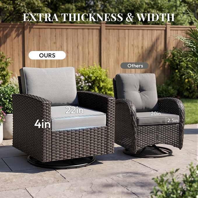 WWR Patio Furniture Set-30% Thicker Wicker-Luxury 1 Piece PatioWicker Outdoor Patio Conversation Set with Extra Wide & Thick Cushions, Swivel Rocking Chairs for Backyard, Porch & Deck