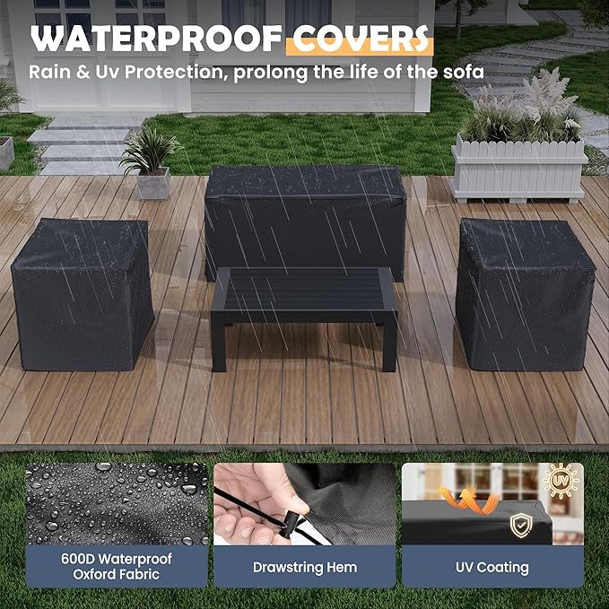Amopatio Aluminum Patio Furniture, 5 Pcs Metal Modern Patio Furniture Set, Outdoor Sectional Sofa for Balcony, Garden, Dark Grey (Included Waterproof Covers)