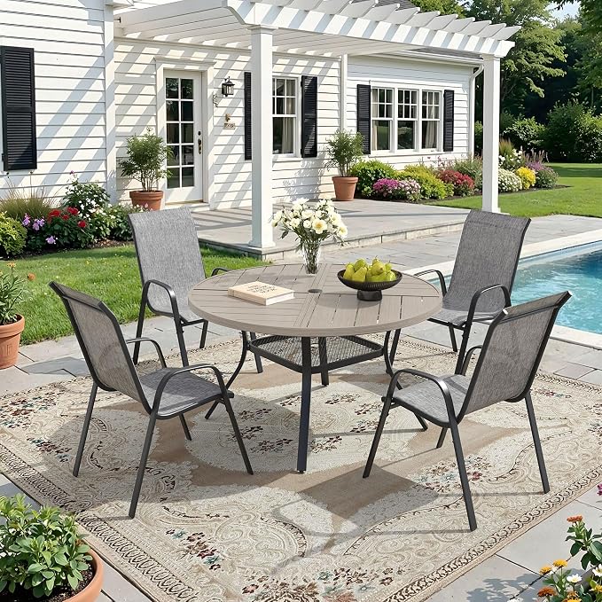 DIFY 5 Piece Outdoor Dining Set, 40" Grey Wood-Like Round Metal Dining Table and Grey Textilene Stackable Patio Chairs, Patio Table and Chairs Set for 4 with Umbrella Hole for Backyard Garden Deck