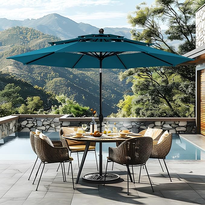 Sophia & William 10ft 3 Tier Auto-tilt Patio Umbrella,Wind Resistent,Outdoor Patio Umbrellas Double Vented Umbrella with Crank for Pool Garden Backyard, Cyan-blue