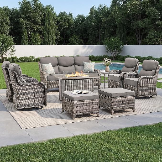 Luxury Patio Furniture Set with 6-inch Thick Cushion, Outdoor Furniture with Fire Pit Table, Swivel Chairs, Sofa, Side Table, Ottomans, 9pcs Wicker Conversation Set Grey Wicker | Grey Cushions
