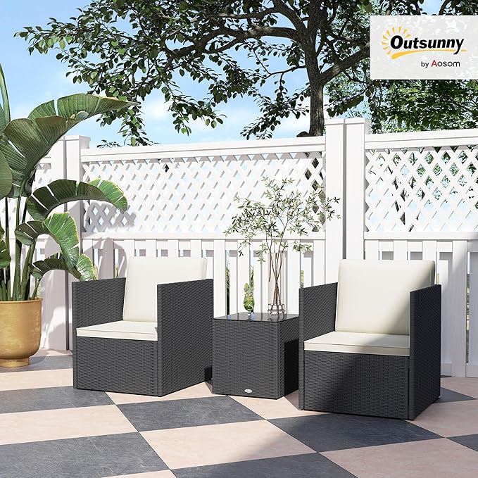 Outsunny 3 Piece Patio Furniture Set, Folding Outdoor Wicker Bistro Set with Washable Cushions, Adjustable Feet, and Glass Coffee Table, Easy Assembly for Garden, Balcony, Poolside, Backyard, Black