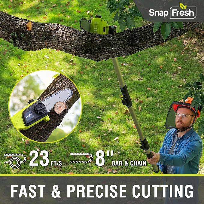 SnapFresh Brushless Cordless Pole Saw, 20V Lightweight Electric Tree Trimmer with 4.0Ah Battery & Fast Charger, 13 ft Reach,8” Cutting Bar, 3 Adjustable Angles, Auto-Oiling for Backyard Tree Trimming