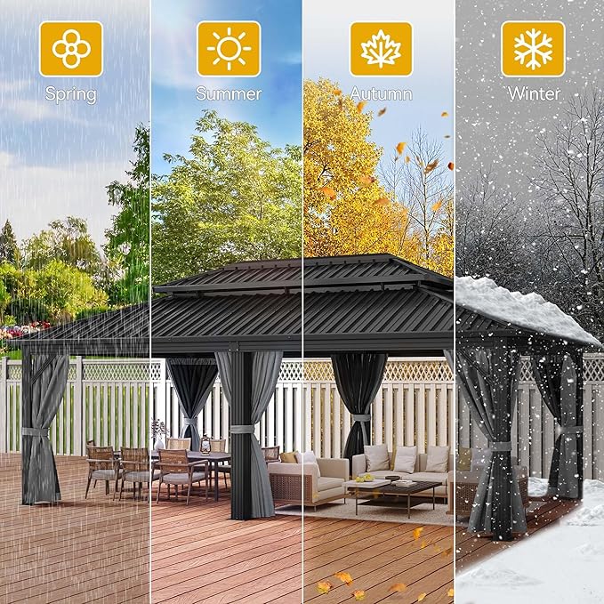 DWVO 12x20ft Gazebo Double Roof Hardtop with Nettings and Curtains, Heavy Duty Galvanized Steel Outdoor Vertical Stripes Roof for Patio, Backyard, Deck, Lawns, Grey