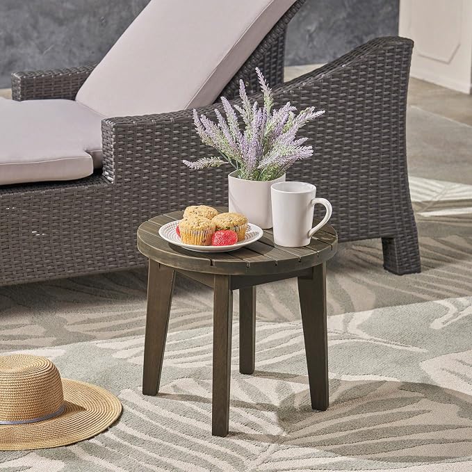 16” Small Outdoor Side Tables with Slatted Top, Round Outdoor Table, Wood Side Table, Small Patio Side Table for Patio, Balcony, Garden & Backyard, Teak Finish (Grey)
