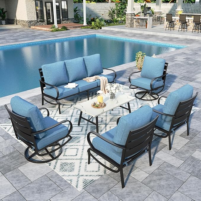 Sophia & William Patio Furniture Sets for 7 Outdoor Conversation Set 6 Pcs with 4 x Armrest Cushioned Sofa Chairs, 1 x 3-Seat Sofa, 1 Marbling Metal Coffee Table Garden Backyard Poolside Navy