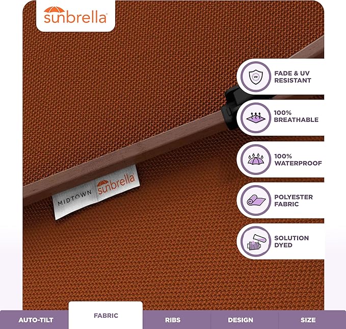 Midtown Umbrellas - The Lean 8 Ft Patio Umbrella with Fade-Resistant Sunbrella Fabric, Auto-Tilt Aluminum Frame and 8 Reinforced Ribs for Deck, Pool & Garden - Terracotta Canopy, Black Pole
