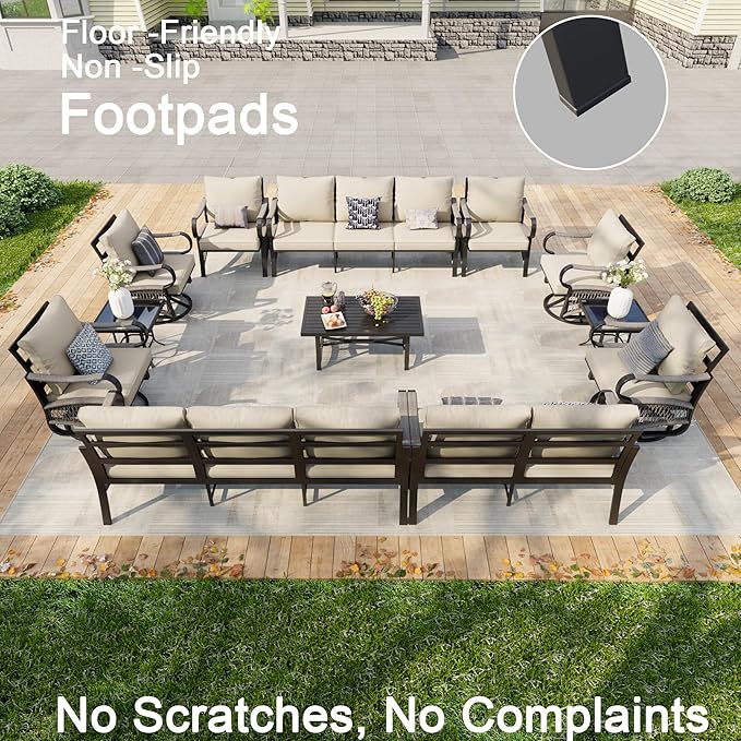 12 Pieces Patio Furniture Set, Metal Outdoor Conversation Sets with Swivel Chairs, Modern Couch Sofa Seating Group with Coffee Table and Side Table (Thick Beige Cushions)