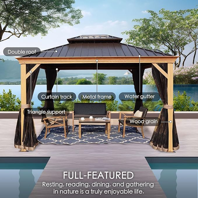 Kozyard Apollo 10’x12’ Hardtop Gazebo, Wooden Coated Aluminum Frame Canopy with Galvanized Steel Double Roof, Outdoor Permanent Metal Pavilion with Netting for Patio Balcony Lawn