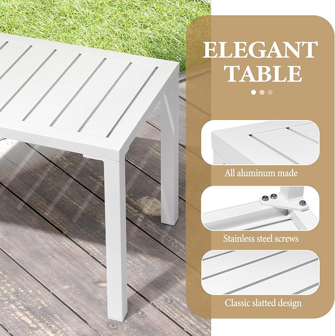 Crestlive Products Outdoor Side Table Set of 2, Aluminum Rectangular Side/End Table, Small Patio Coffee Bistro Table for Outdoor Indoor (White)