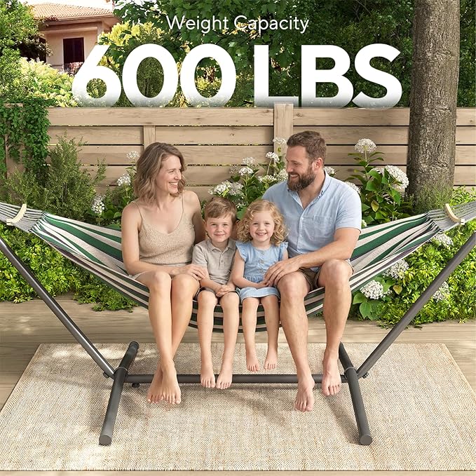 600lbs Hammock with Stand for Outside, 2 Person Portable Hammock with Side Storage, Carrying Bag, Expend Wooden Bar for Outdoor or Indoor (Green Black)