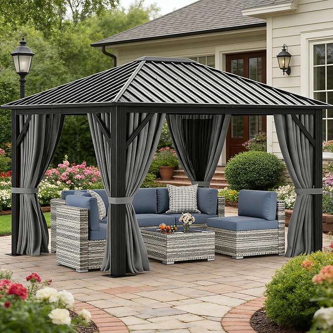 YITAHOME 10X12FT Single Hardtop Metal Gazebo Top Outdoor Patio Canopy Galvanized Iron Aluminum Column Garden Tent Curtains Netting for Backyards Decks Lawns,Gray