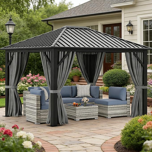 YITAHOME 10X12FT Single Hardtop Metal Gazebo Top Outdoor Patio Canopy Galvanized Iron Aluminum Column Garden Tent Curtains Netting for Backyards Decks Lawns,Gray