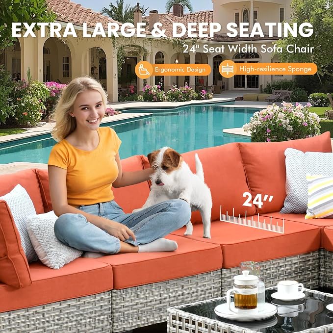 Outdoor Sectional Patio Furniture Set with Glowing Table,7 Pieces Wicker Conversation Sets L Shaped Couch Out Door Sofa Set Outside Furniture for Garden Deck Yard Porch,Red