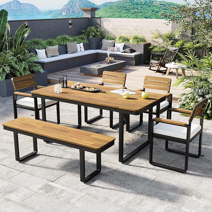 RUNNA Outdoor Dining Set, Acacia Wood,1 Table with 4 Chairs & 1 Bench for 6-7 Person,Comfortable Cushions on Chairs,Adjustable Feet, for Patio, Garden,Backyard Dining (Beige#55)