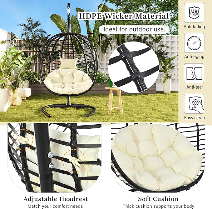 Folding Egg Chair, Outdoor Hanging Hammock Chair with Stand, Patio Wicker Hanging Chair with Iron Frame and Plush Cushion & Removable Headrest for Bedroom, Balcony, Garden (C-BlackBeige)