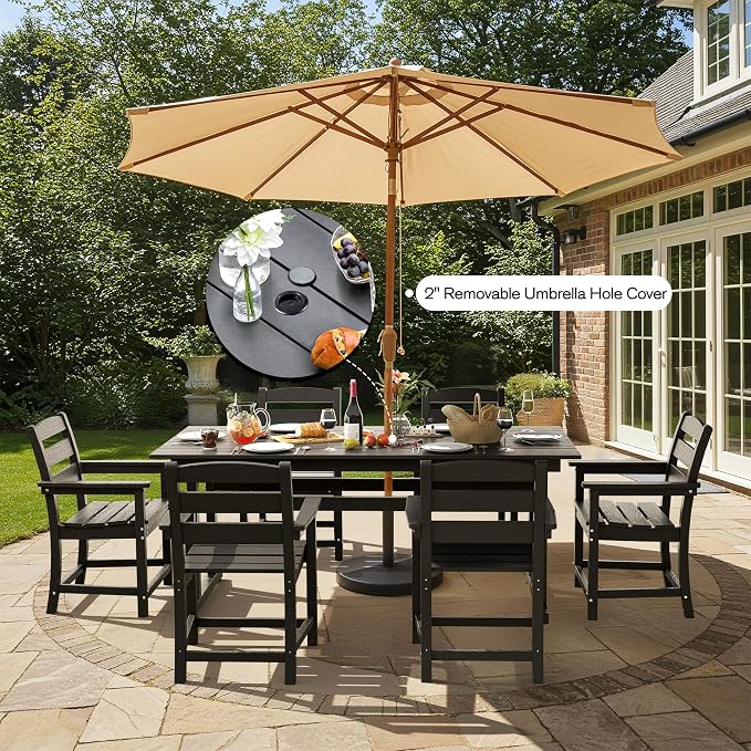 nalone Outdoor Dining Table for 6 - Person, 67"x32" Rectangular Patio Dining Table, All Weather HDPE Dining Table with Umbrella Hole(Black, 1 Table)